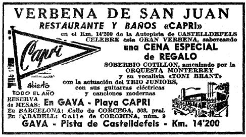 Anuncio de la Verbena de San Juan del restaurante-balneario Capri de Gav Mar con la actuacin de la Orquestra Monterrey, Toni Brant y Trio Juniors publicado en el diario La Vanguardia el 22 de Junio de 1961